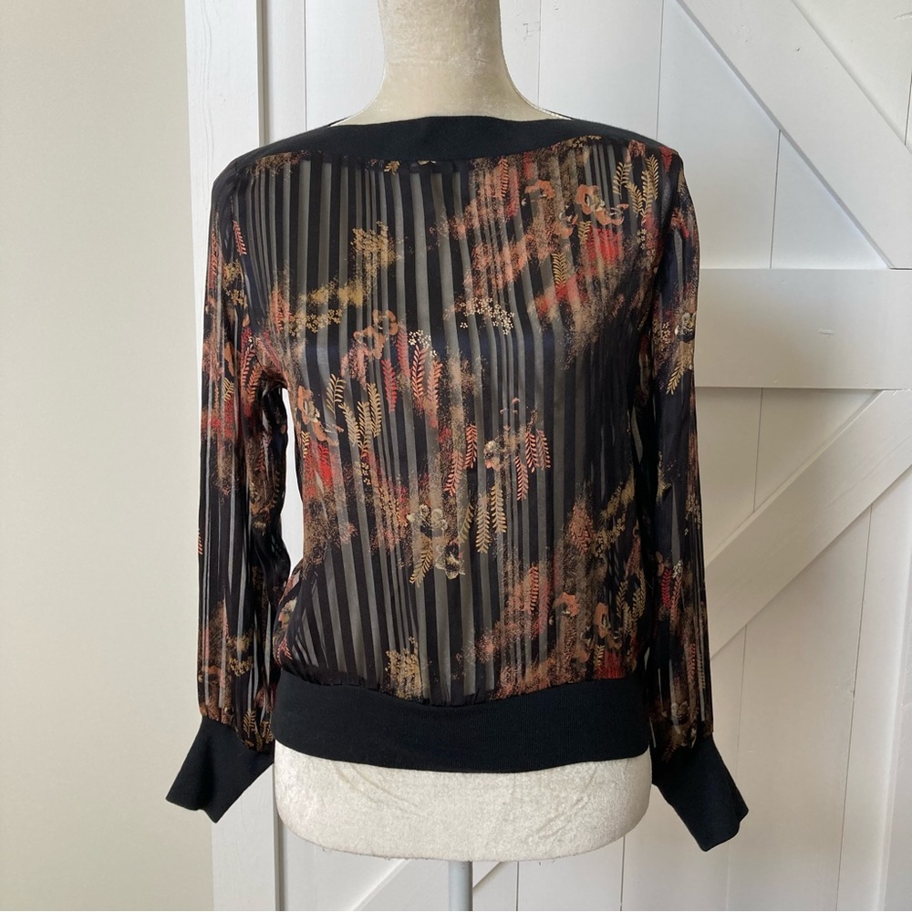 Vintage 70s Kenar floral striped sheer 100% silk unique blouse Small